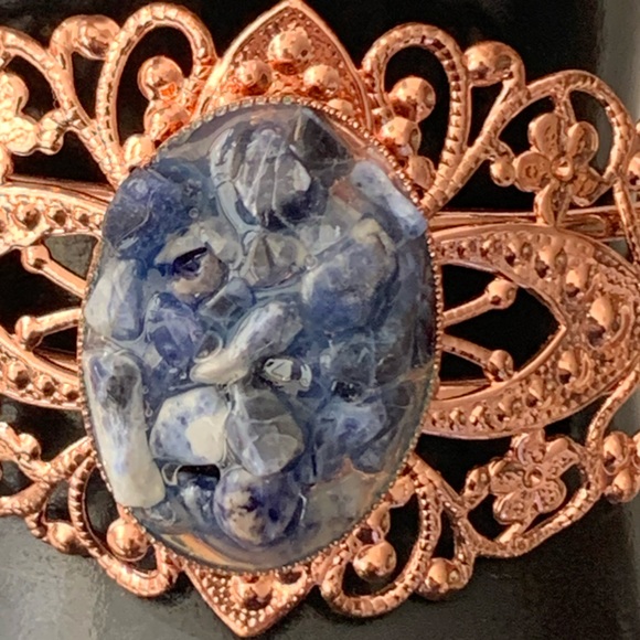 Rose Gold Floral Filigree Blue Agate Cuff Bracelet - Picture 3 of 9